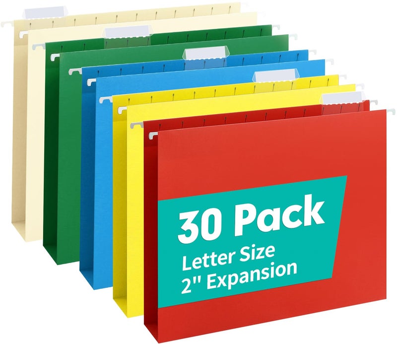 HERKKA Extra Capacity Hanging File Folders  30 Pack Reinforced Letter Size Hanging Folders with Heavy Duty 2 Inch Expansion  Designed for Bulky Files  Medical Charts  Assorted Colors - Image 1